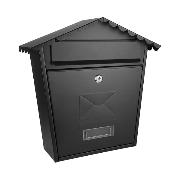 Buzón De Correo Acero Galvanizado Negro con Tejado Antilluvia, Cerradura Cilindrica