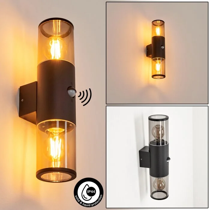 Caragua Aplique para exterior Negro, 2 luces, Sensor de movimiento