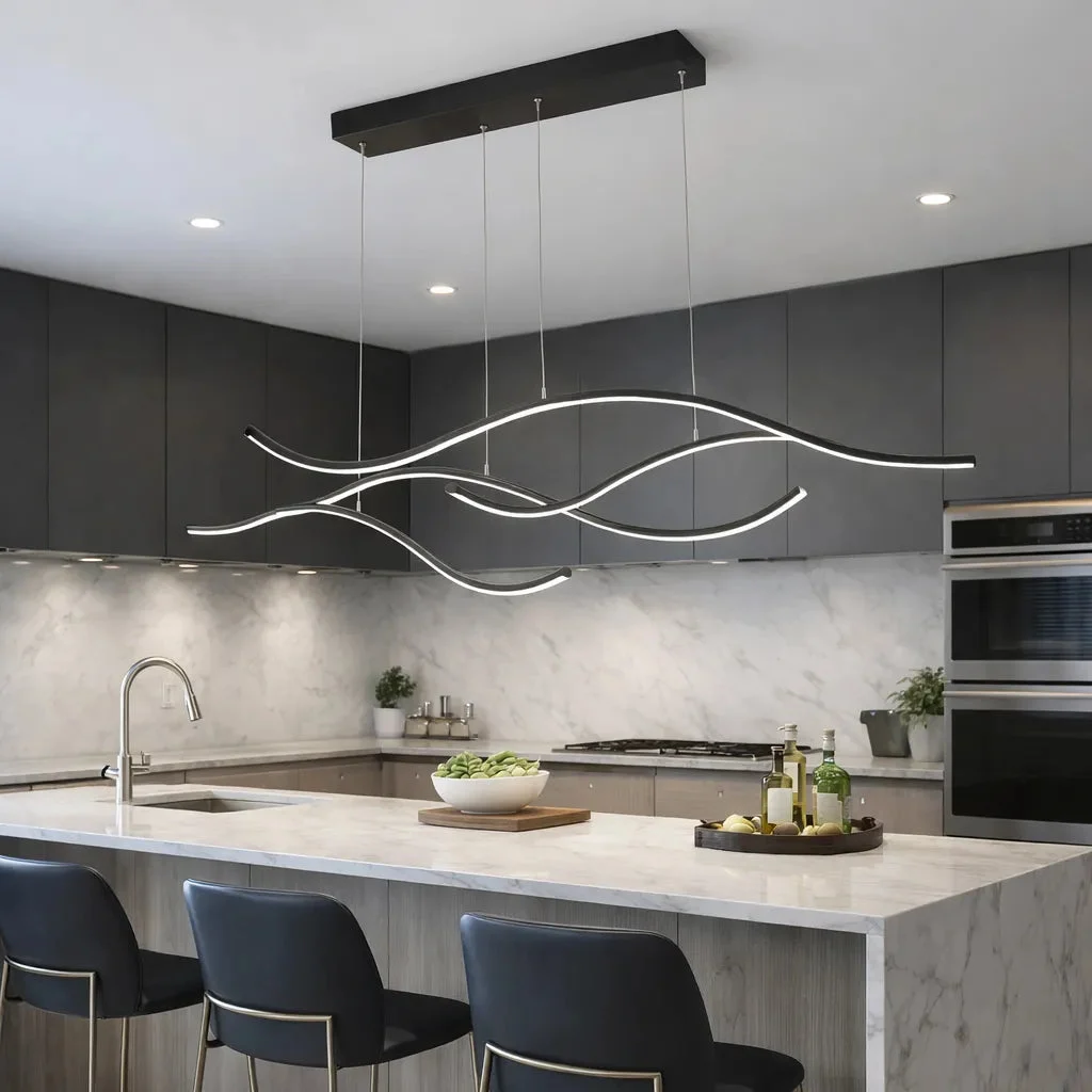 Lámpara colgante moderna ondulada de metal LED regulable para isla de cocina