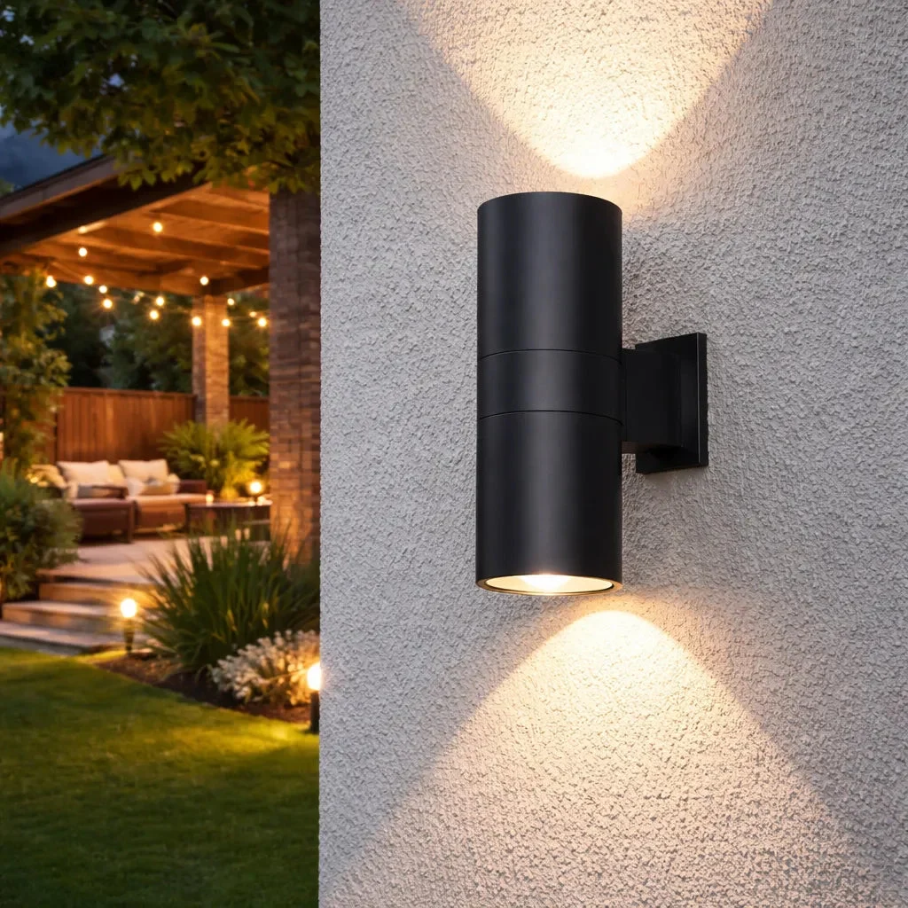 Aplique de pared exterior bidireccional cilíndrico negro LED IP65 moderno para porche