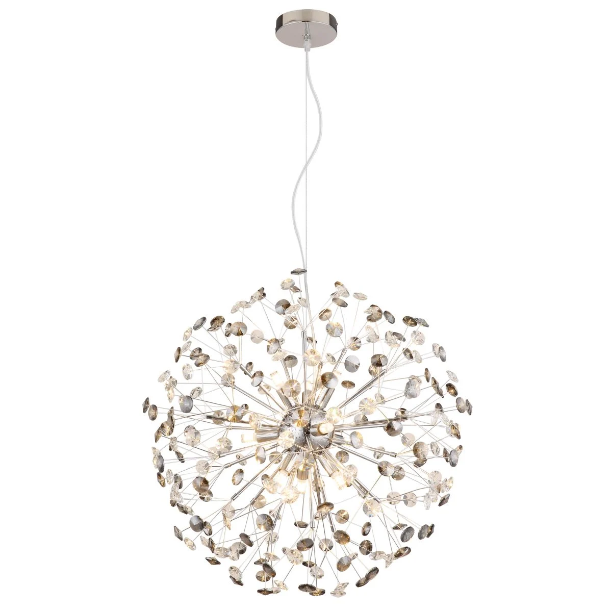 Elegante candelabro de cromo con pantallas de cristal Katrina
