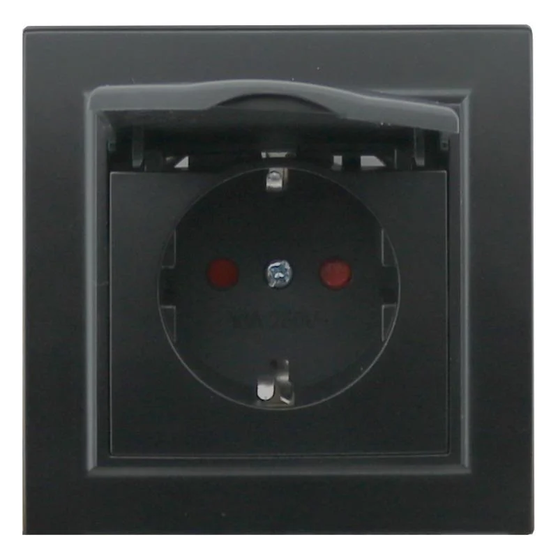 Enchufe Empotrable Tipo F Schuko Negro con Tapa 16A Marco Incluido IP44 Serie wLine
