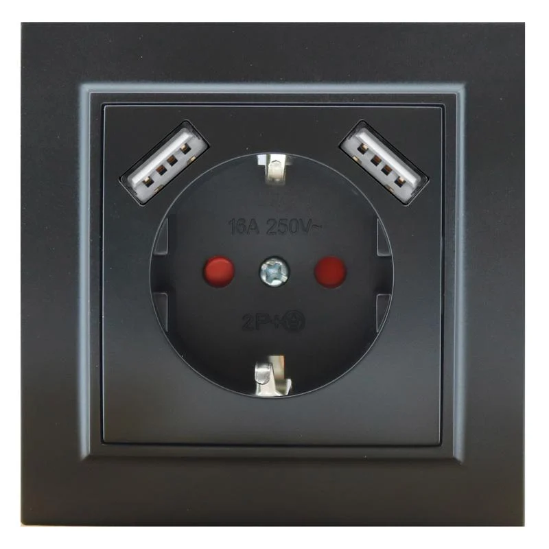 Enchufe Empotrable Tipo F Schuko Con Doble USB Negro 16A IP20 Serie wLine