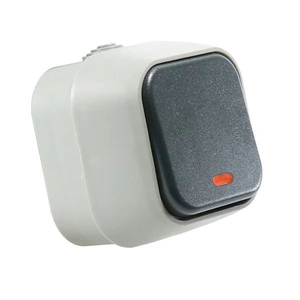 Interruptor Superficie Simple Pulsador Gris con Indicador Luminoso IP54
