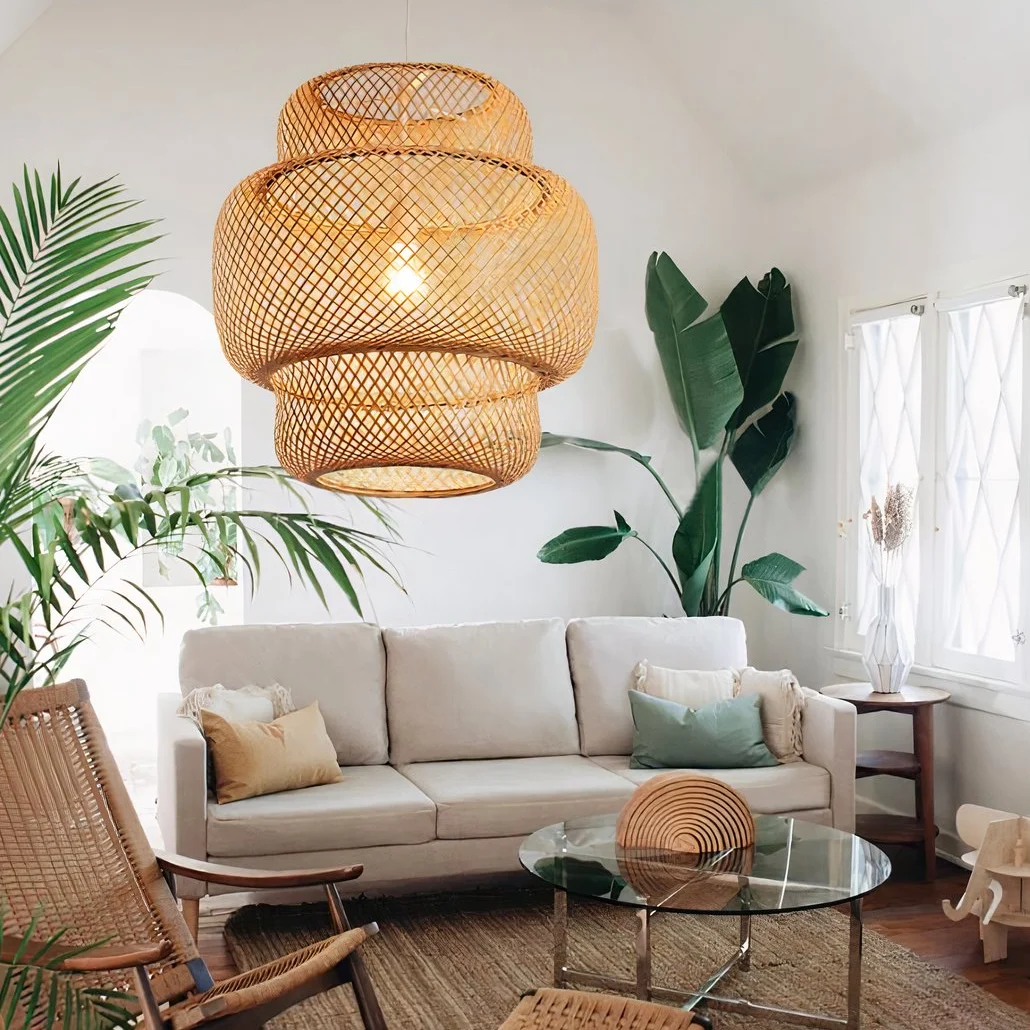 Lámpara Colgante Bambú LED Boho Tejida a Mano para Salón