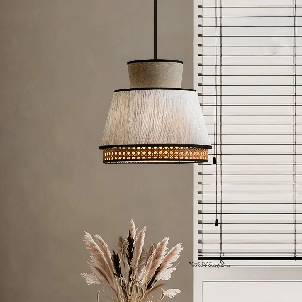 Lámpara de Tela Colgante LED de Ratán Estilo Japonés para Comedor