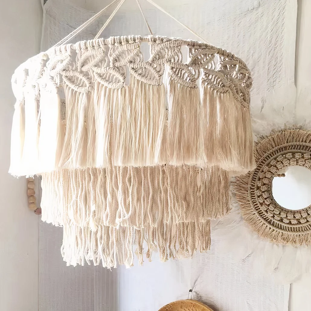 Lámpara Colgante de Macramé Boho Blanca con Pantalla de Borlas para Salón