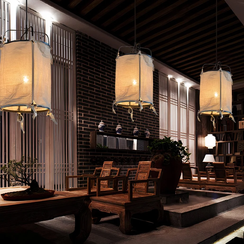 Lámpara Colgante de Lino LED Estilo Japonés Tipo Farol para Comedor