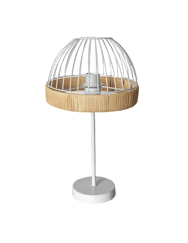 Lámpara de Mesa Campana Blanca Metal y Ratán