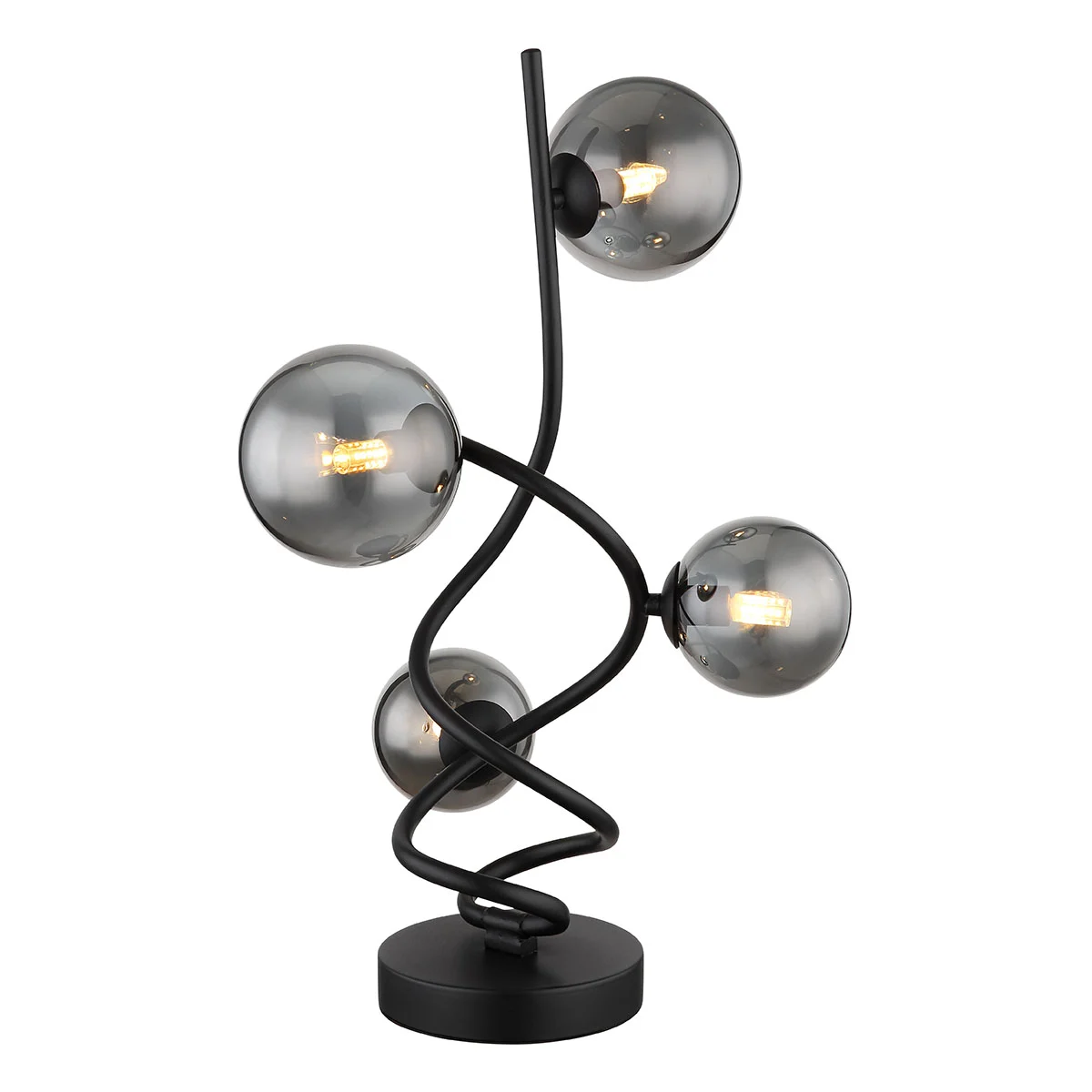Lámpara de mesa negra girada 4 bolas de vidrio ahumado Globo Riha