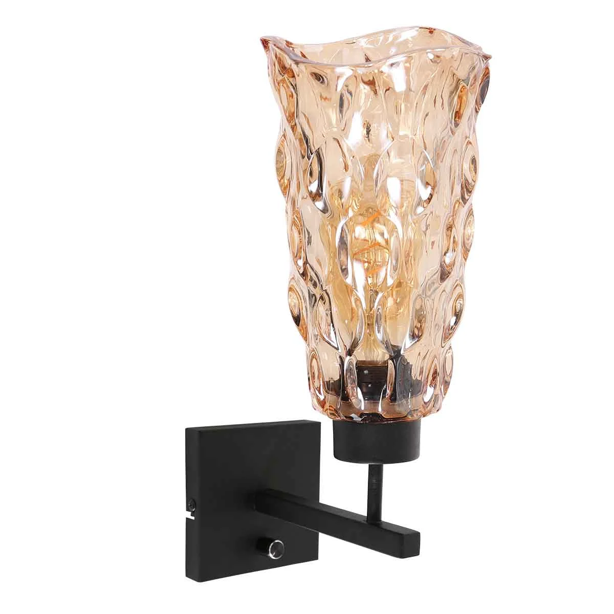 Lámpara de pared retro negra con tulipa de vidrio ámbar Steinhauer Stang