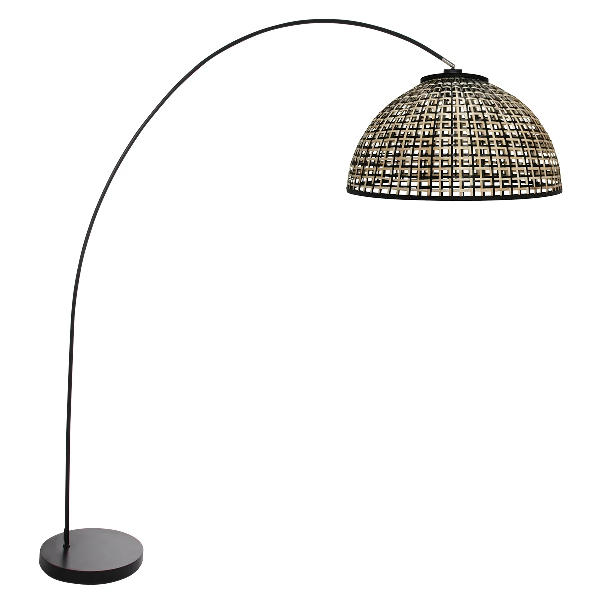 Lámpara de pie arqueada con base negra y pantalla de bambú Mexlite Solva