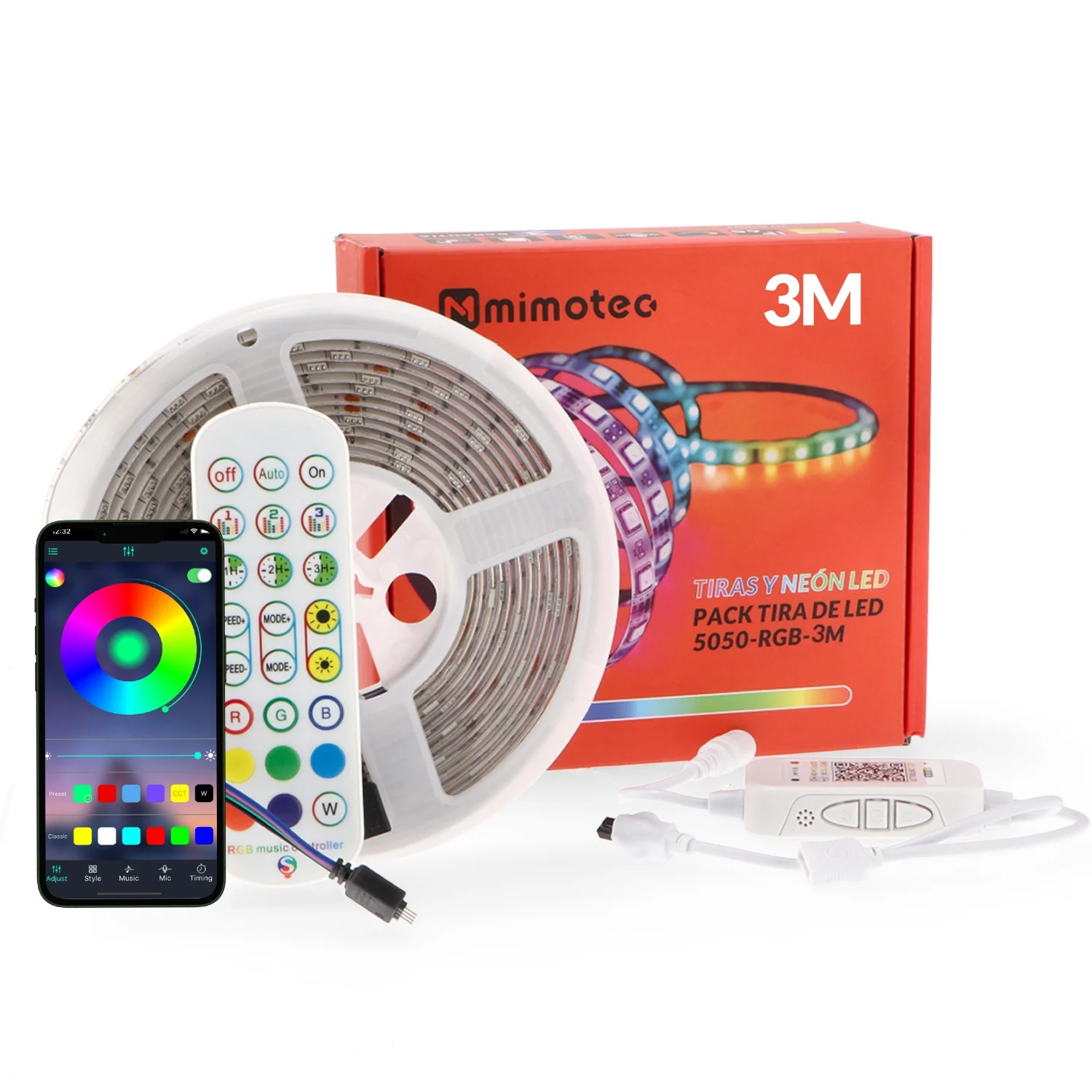Kit Tira LED 16W 12V 30LED IP20 RGB con Mando y Fuente de Alimentación (3 metros)