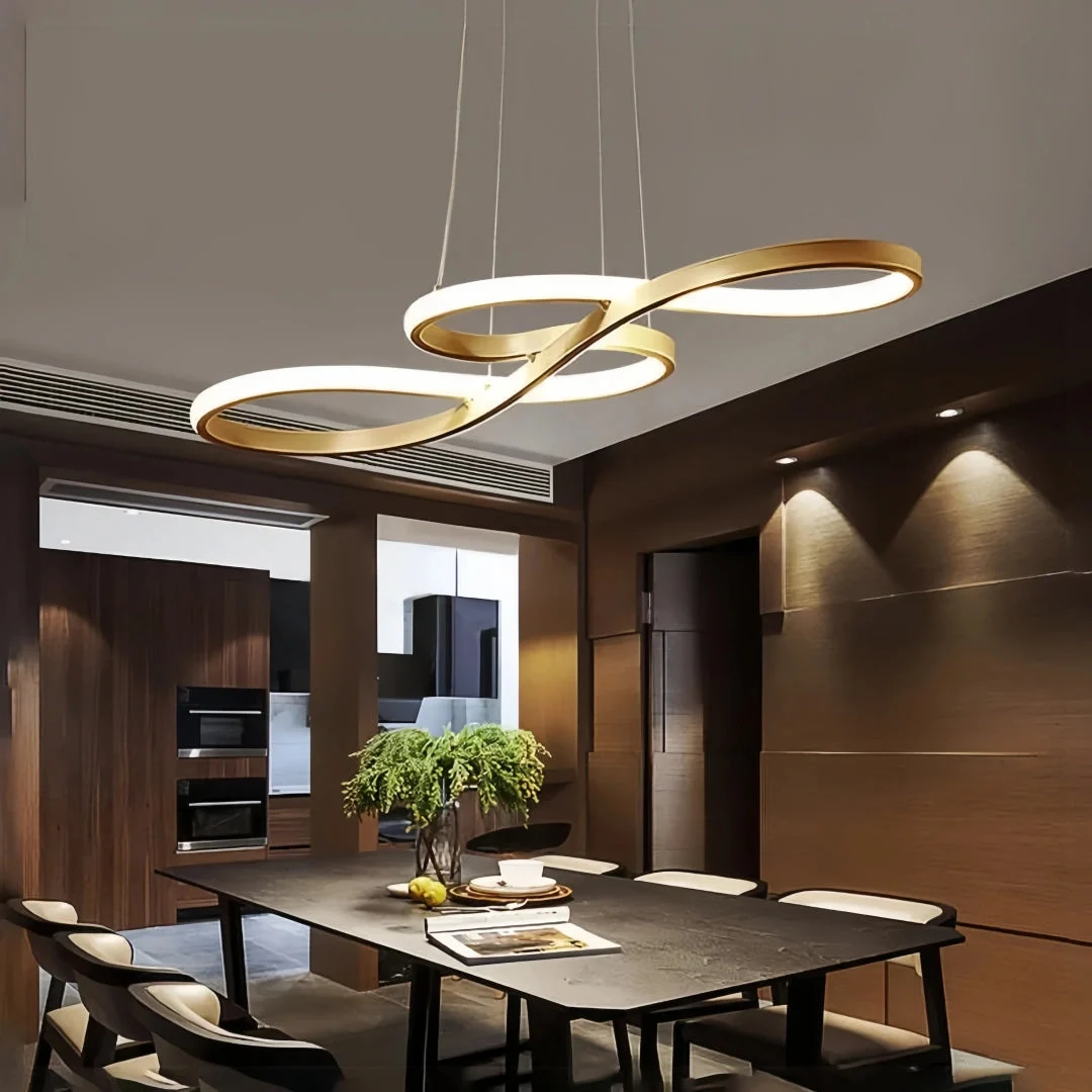 Lámpara colgante de diseño LED regulable con forma de cinta infinita para comedor