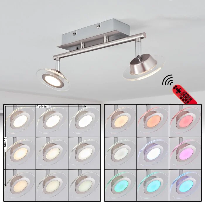 Marsen Lámpara de Techo LED Cromo, Níquel-mate, 2 luces, Mando a distancia, Cambia de color