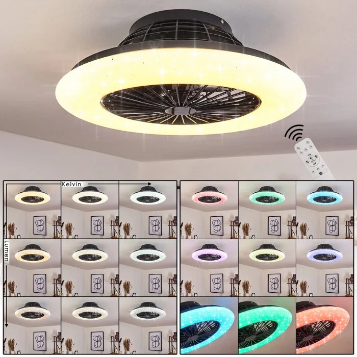 Pireaus Ventilador de techo LED Negro, 1 luz, Mando a distancia, Cambia de color