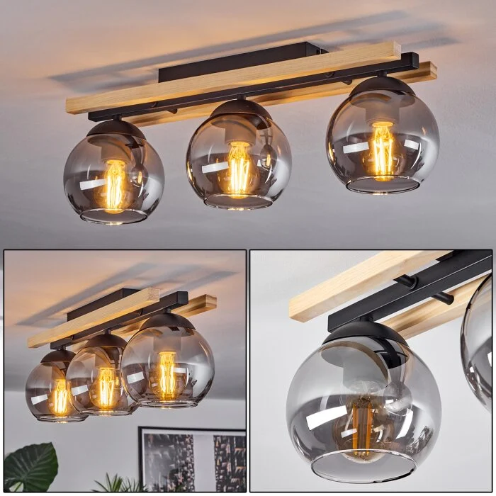 Podre Lámpara de Techo Madera clara, Negro, 3 luces
