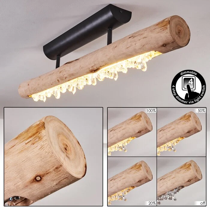 Rodeche Lámpara de Techo LED Madera clara, Negro, 1 luz