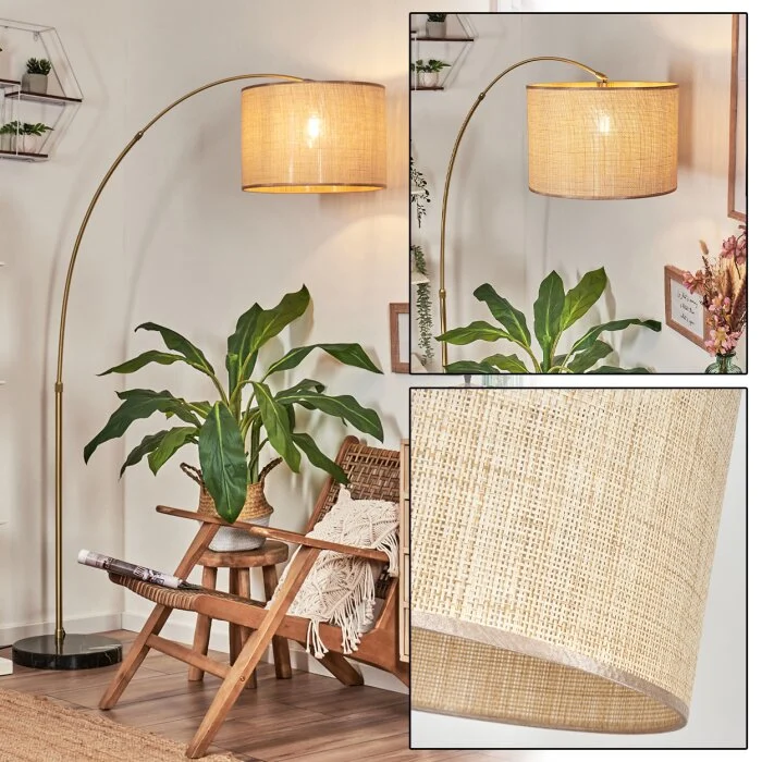 Sabadim Lámpara de pie, Lámparas de pie tipo arco Latón, Negro, 1 luz, Pantalla de lámpara de tela