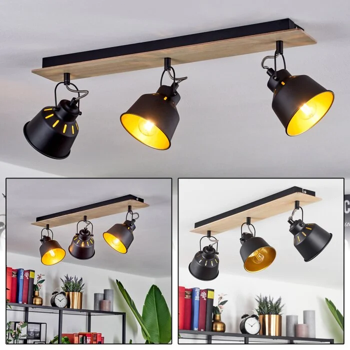 Safari Lámpara de Techo Cromo, Madera clara, Negro, 3 luces