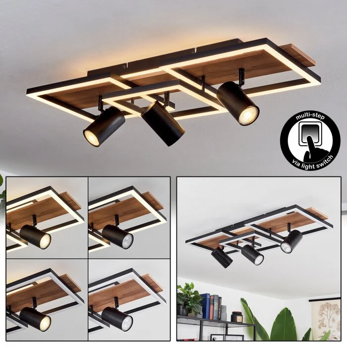 Sequeira Lámpara de Techo LED Madera clara, Color madera, Negro, 4 luces