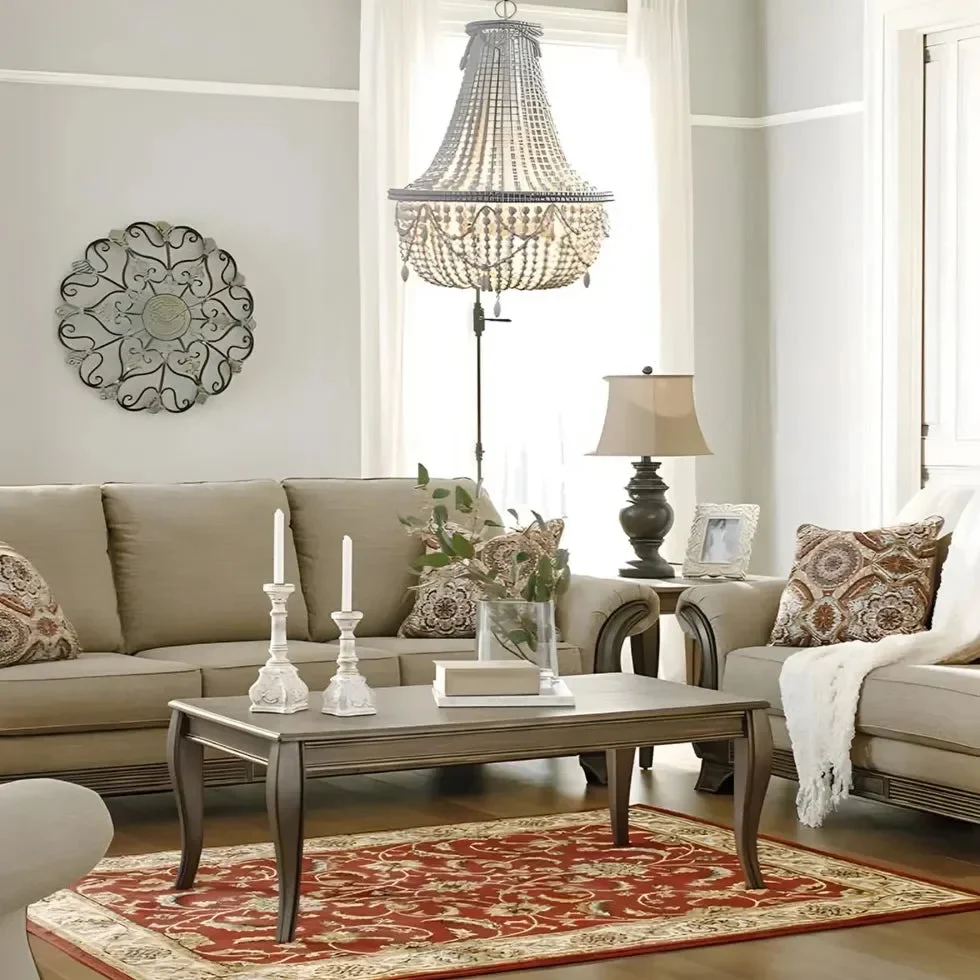 Lampara colgante blanco y madera de cuentas de madera elegante