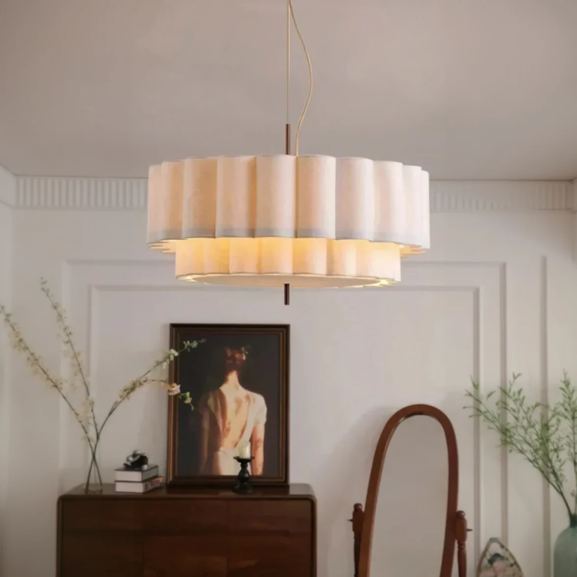 Lámpara Colgante Japandi LED Regulable en Altura de Tela Blanca para Salón