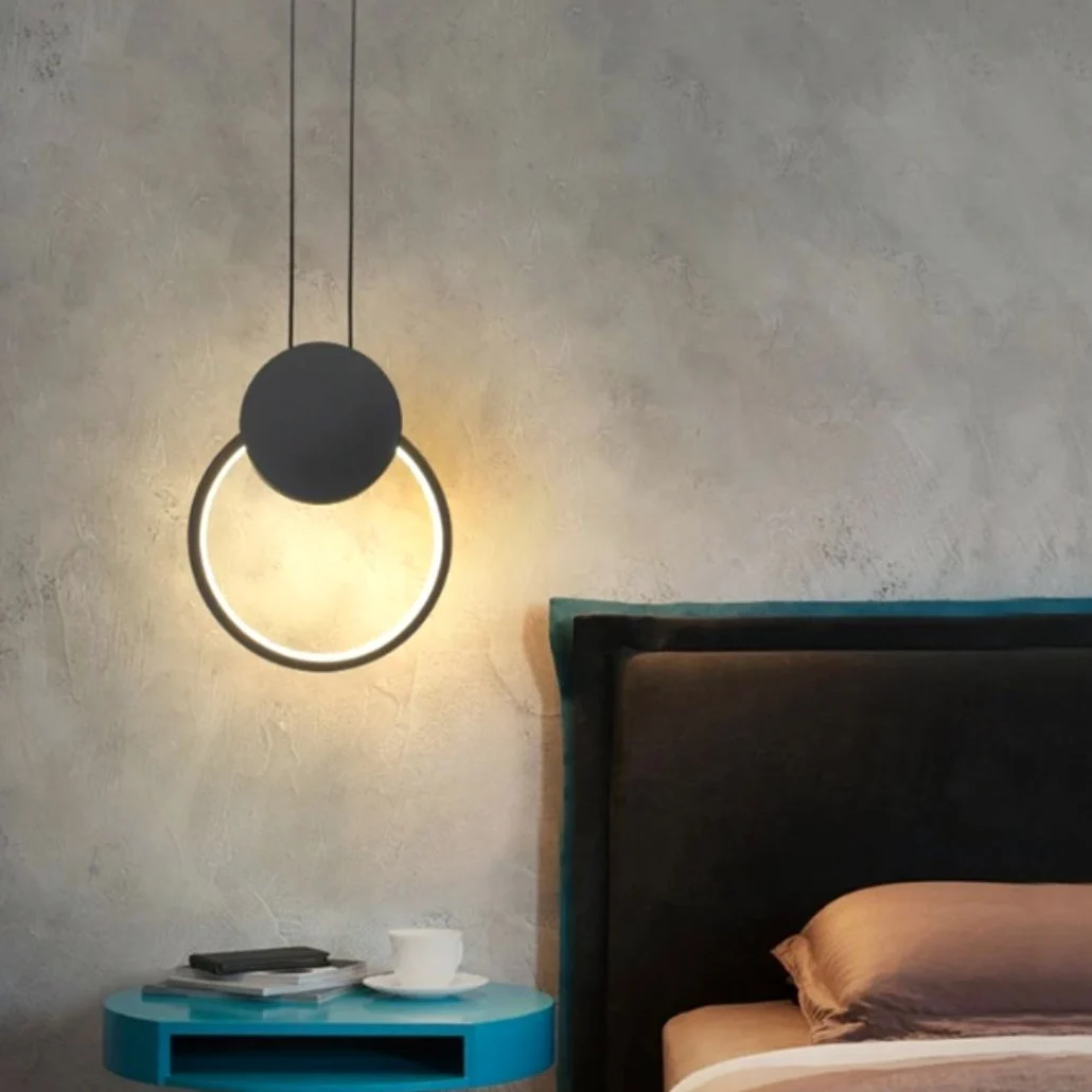 Lámpara colgante LED minimalista con anillo negro para mesita de noche