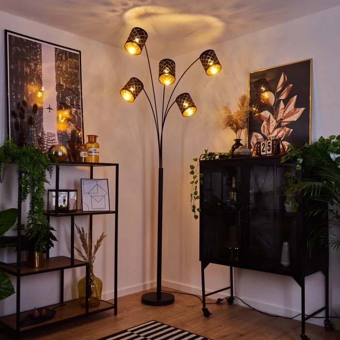 Tallaboa Lámpara de Pie Negro, 5 luces, Pantalla de tela