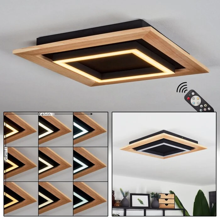 Tojeirinha Lámpara de Techo LED Madera clara, Negro, 1 luz, Mando a distancia