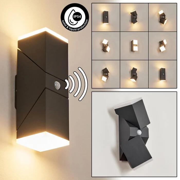 Toogong Aplique para exterior LED Antracita, 2 luces, Sensor de movimiento
