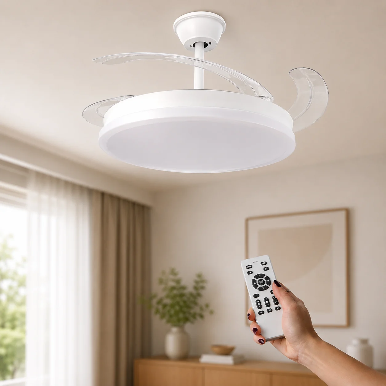 Ventilador de Techo LED 70W Blanco Otah IP20 DC Ultra Silencioso con Mando a Distancia y Palas Retráctiles Verano / Invierno